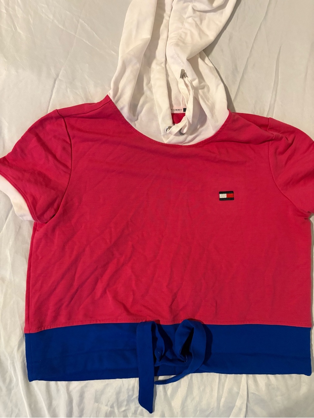 Tommy Hilfiger Pink Hooded Crop Tee with Blue Band